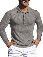 New Men's High Elastic Vertical Strip Long Sleeve POLO Shirt Slim Knit Bottom Shirt Polo Shirt