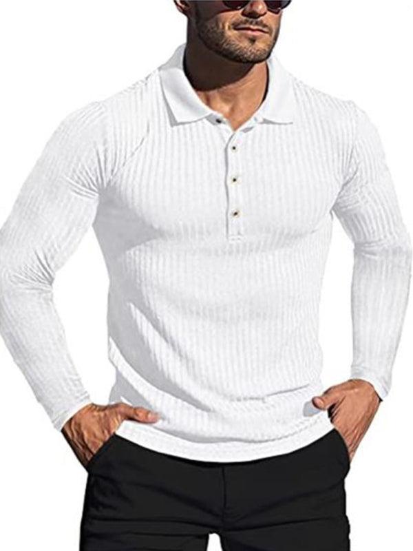 New Men's High Elastic Vertical Strip Long Sleeve POLO Shirt Slim Knit Bottom Shirt Polo Shirt