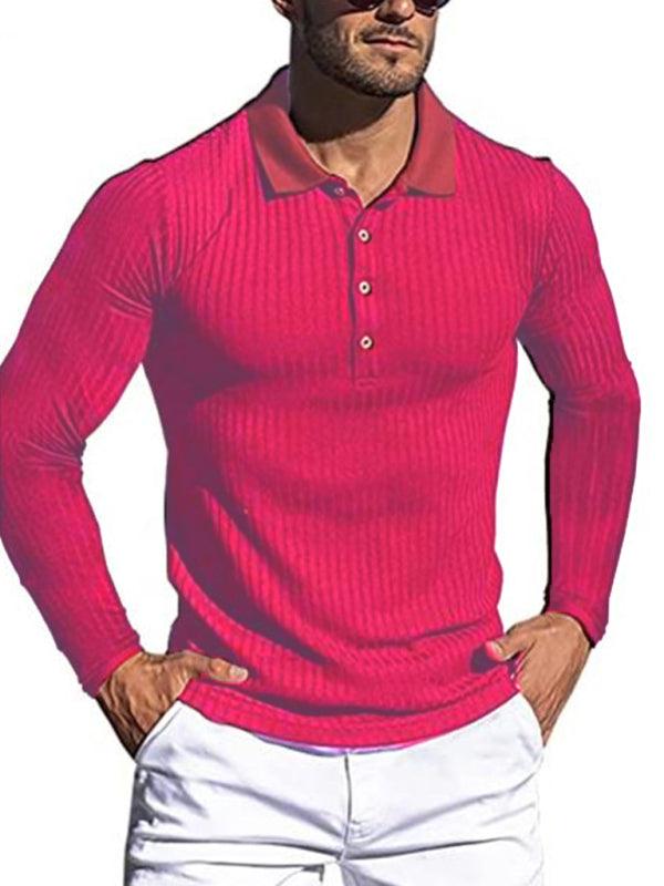 New Men's High Elastic Vertical Strip Long Sleeve POLO Shirt Slim Knit Bottom Shirt Polo Shirt