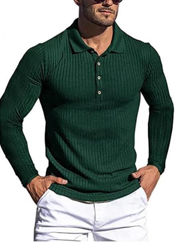 New Men's High Elastic Vertical Strip Long Sleeve POLO Shirt Slim Knit Bottom Shirt Polo Shirt