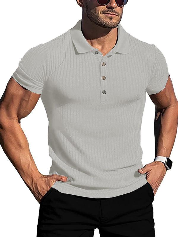 New Men's High Stretch Vertical Stripe Long Sleeve POLO Shirt Slim Fit Short Sleeve Polo Shirt