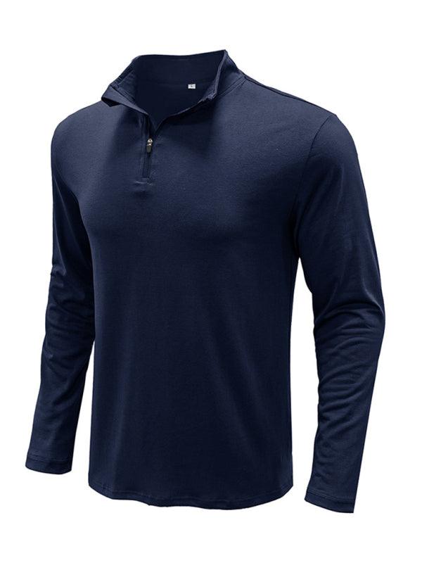 New Men's Long Sleeve Stand Collar Pullover Zip Polo Shirt