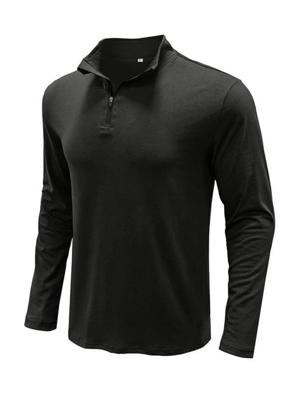 New Men's Long Sleeve Stand Collar Pullover Zip Polo Shirt