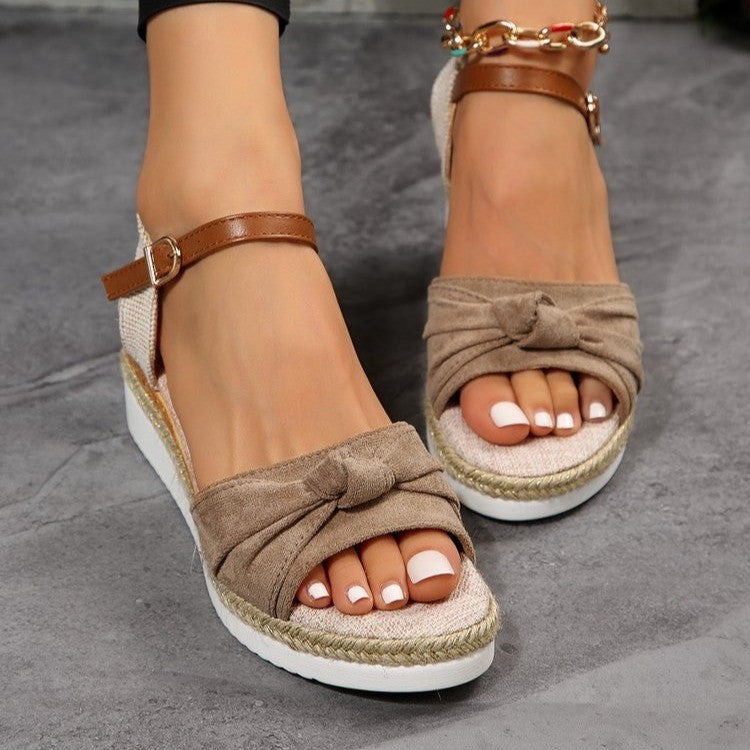 New Thick-soled Bow Sandals Summer Fashion Casual Linen Buckle Wedges Shoes For Women