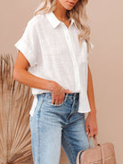 New cotton and linen short-sleeved casual side slit pocket shirt