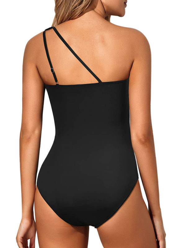 New one-piece swimsuit slanted shoulder hollow conservative leopard print one-piece swimsuit