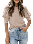 New round neck solid color button loose top T-shirt shirt