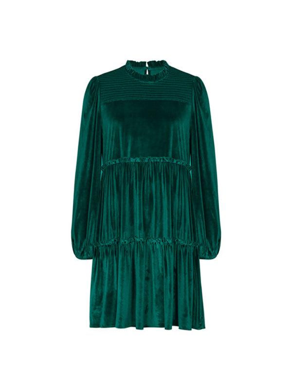 New women's green velvet long sleeve dress