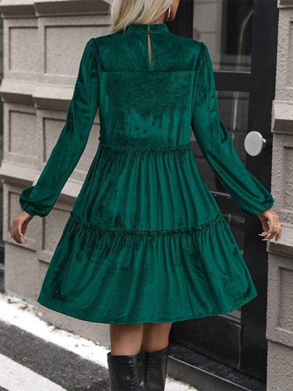 New women's green velvet long sleeve dress