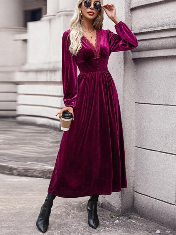 New women's velvet waist knitted long-sleeved dress