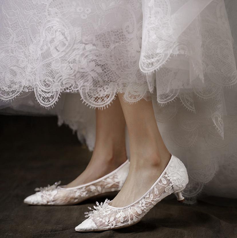 Wedding Shoes Flat White Wedding Dress Crystal Low Heel Shoes - Bloomjay