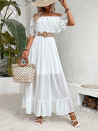 Off-the-shoulder guipure lace paneled ruffle hem dress