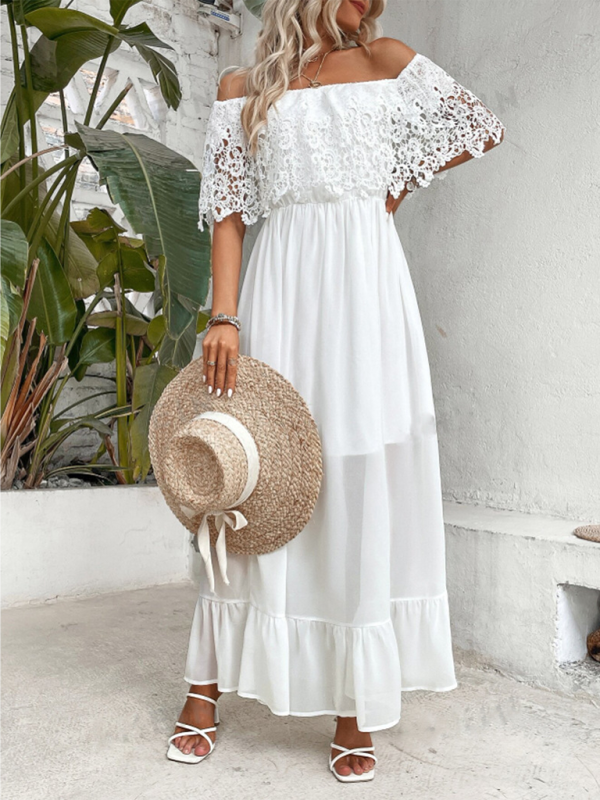 Off-the-shoulder guipure lace paneled ruffle hem dress