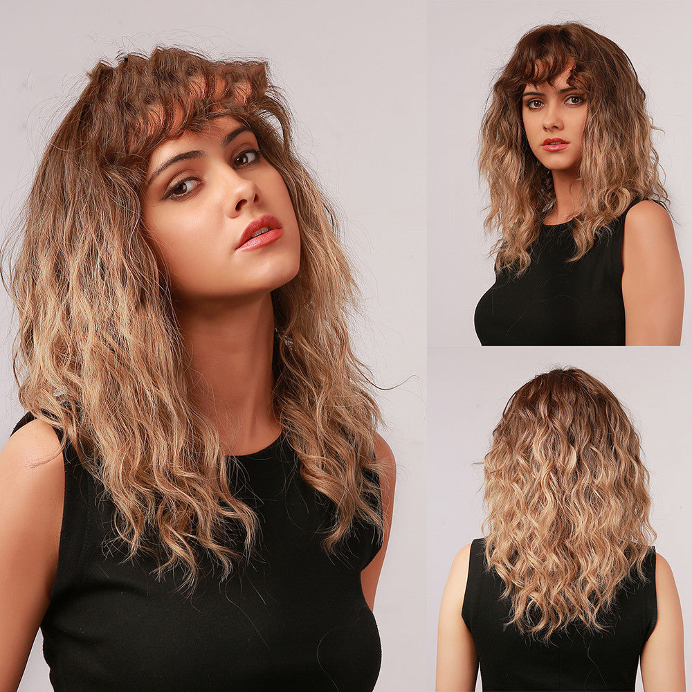 OneNonly Medium Length Curly Wave Ombre Brown Blonde Synthetic Wigs