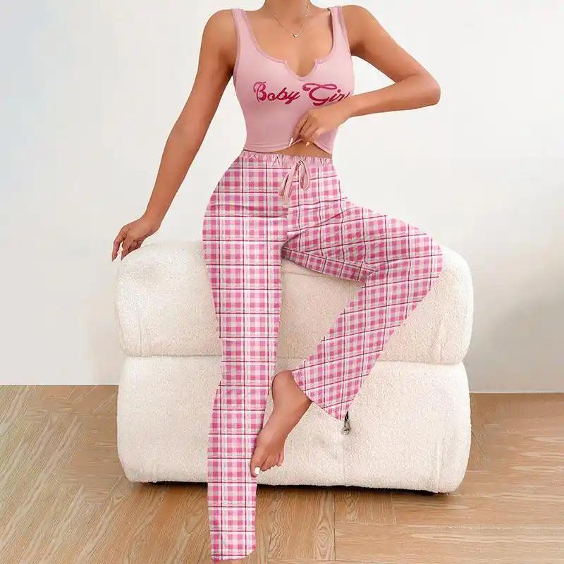 Pajamas: Homeware Vest Color Matching Plaid Trousers Letter Print Top