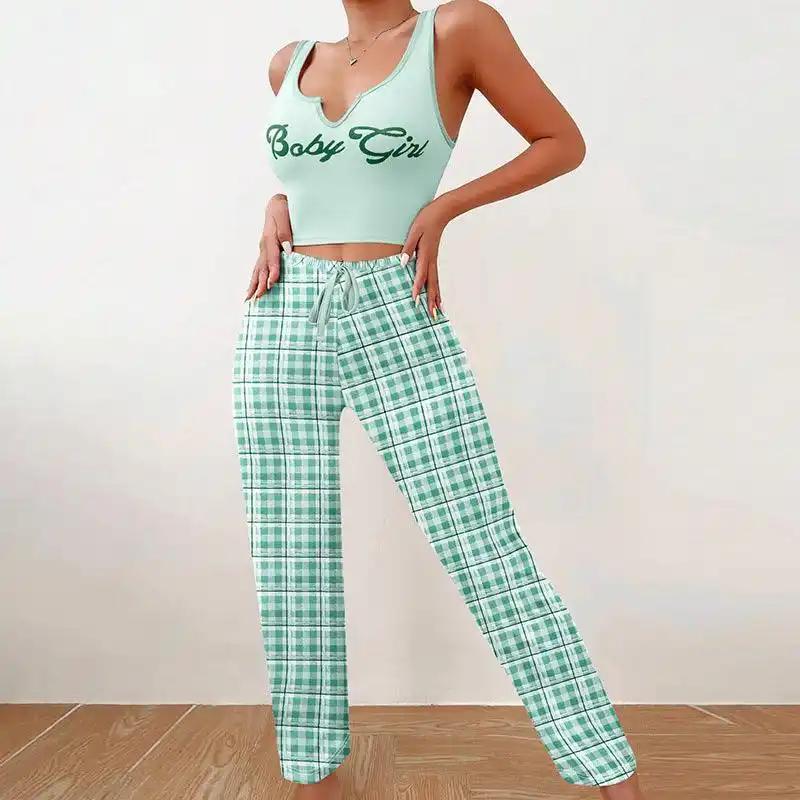 Pajamas: Homeware Vest Color Matching Plaid Trousers Letter Print Top