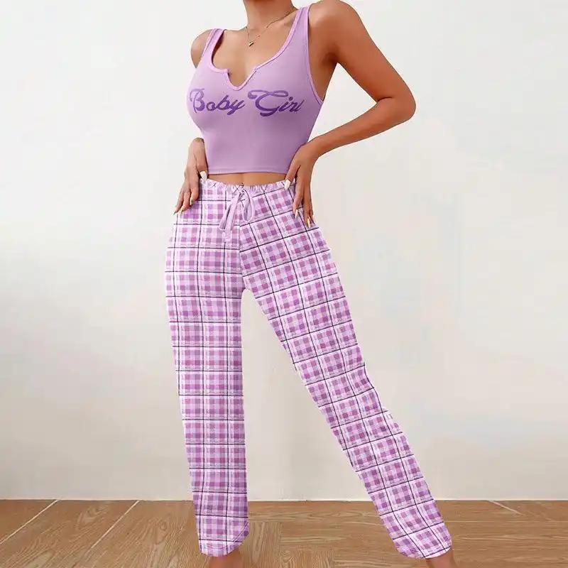 Pajamas: Homeware Vest Color Matching Plaid Trousers Letter Print Top