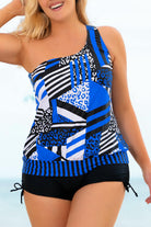 Plus Size Patchwork Tied One-Shoulder Tankini Set