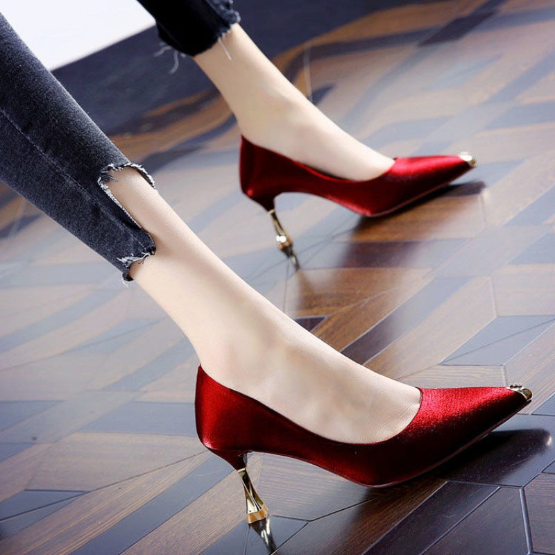 Pointed Satin High Heels Women Stiletto All-match Single Shoes