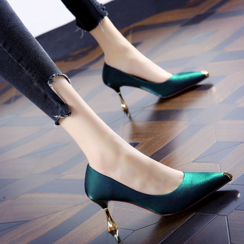 Pointed Satin High Heels Women Stiletto All-match Single Shoes