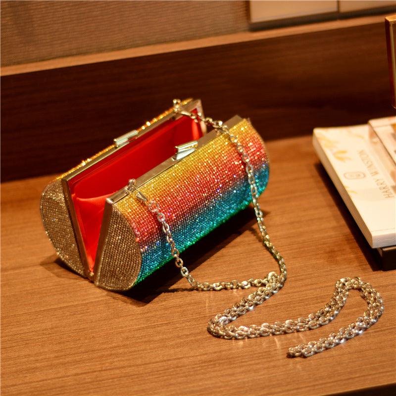 Rainbow Gradient Diamond Luxury Clutch - Women's Party Handbag with Shoulder Chain for Evening and Banquets