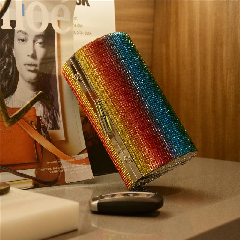 Rainbow Gradient Diamond Luxury Clutch - Women's Party Handbag with Shoulder Chain for Evening and Banquets