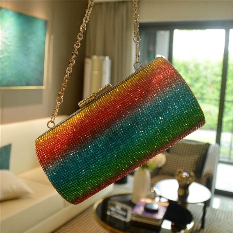 Rainbow Gradient Diamond Luxury Clutch - Women's Party Handbag with Shoulder Chain for Evening and Banquets