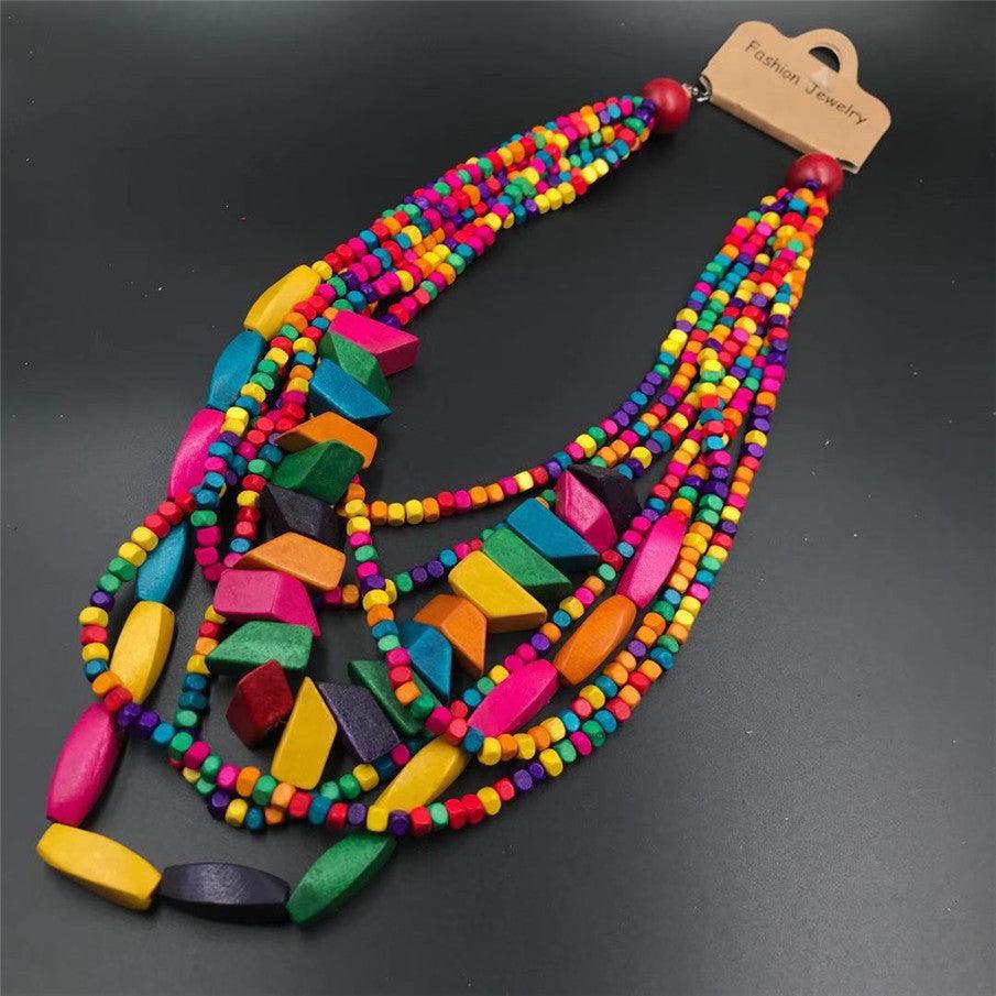 Retro Ethnic Style Colorful Wood Long Beaded Necklace