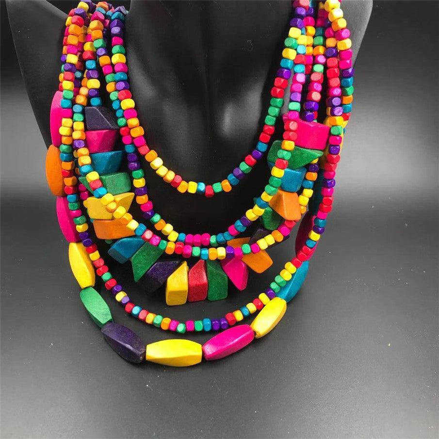 Retro Ethnic Style Colorful Wood Long Beaded Necklace