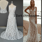 Roycebridal presents a Bohemian Wedding Dress with a V-neck, Lace Boho details, Spaghetti Straps, and a Backless design, perfect for a Beach Bridal Gown.