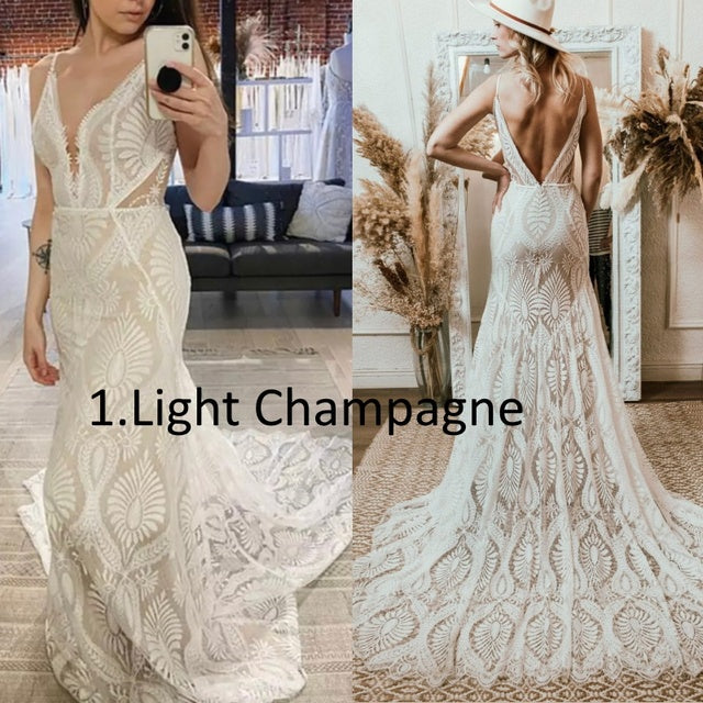 Roycebridal presents a Bohemian Wedding Dress with a V-neck, Lace Boho details, Spaghetti Straps, and a Backless design, perfect for a Beach Bridal Gown.