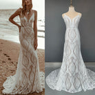 Roycebridal presents a Bohemian Wedding Dress with a V-neck, Lace Boho details, Spaghetti Straps, and a Backless design, perfect for a Beach Bridal Gown.