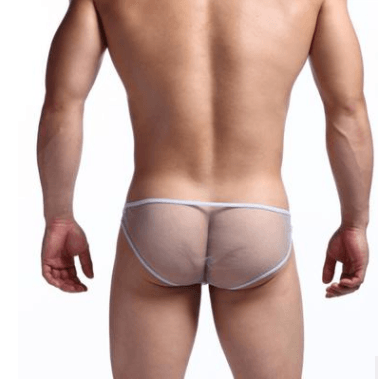 See-through mesh low waist men's briefs offer a provocative yet breathable style.