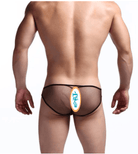 See-through mesh low waist men's briefs offer a provocative yet breathable style.