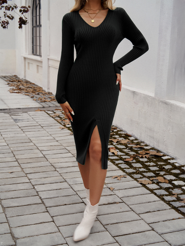 Sexy Slim V-Neck Slit Sweater Dress