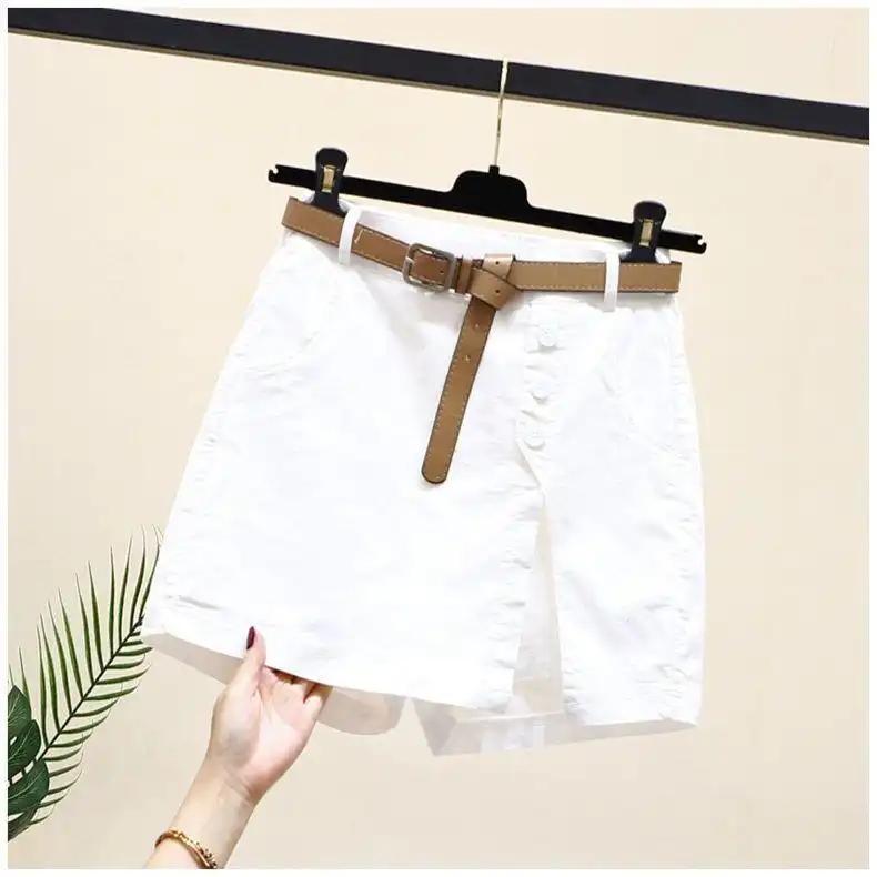 Shorts: Summer New Button High Waist with Belt Cotton Shorts for Women