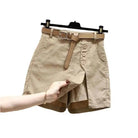 Shorts: Summer New Button High Waist with Belt Cotton Shorts for Women