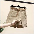 Shorts: Summer New Button High Waist with Belt Cotton Shorts for Women