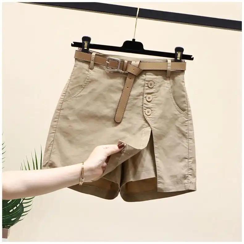 Shorts: Summer New Button High Waist with Belt Cotton Shorts for Women