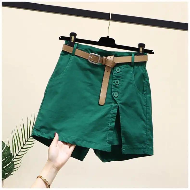 Shorts: Summer New Button High Waist with Belt Cotton Shorts for Women