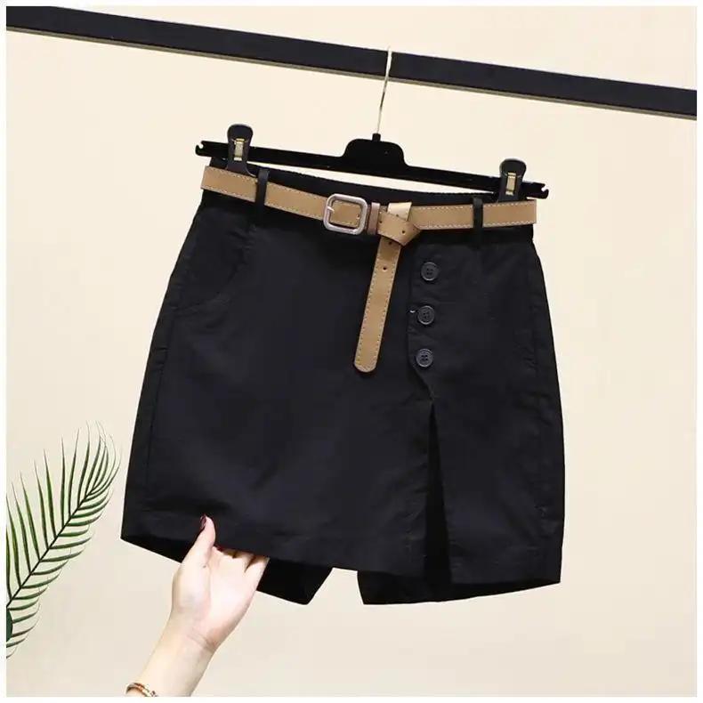 Shorts: Summer New Button High Waist with Belt Cotton Shorts for Women