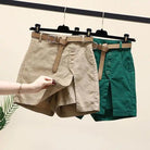 Shorts: Summer New Button High Waist with Belt Cotton Shorts for Women