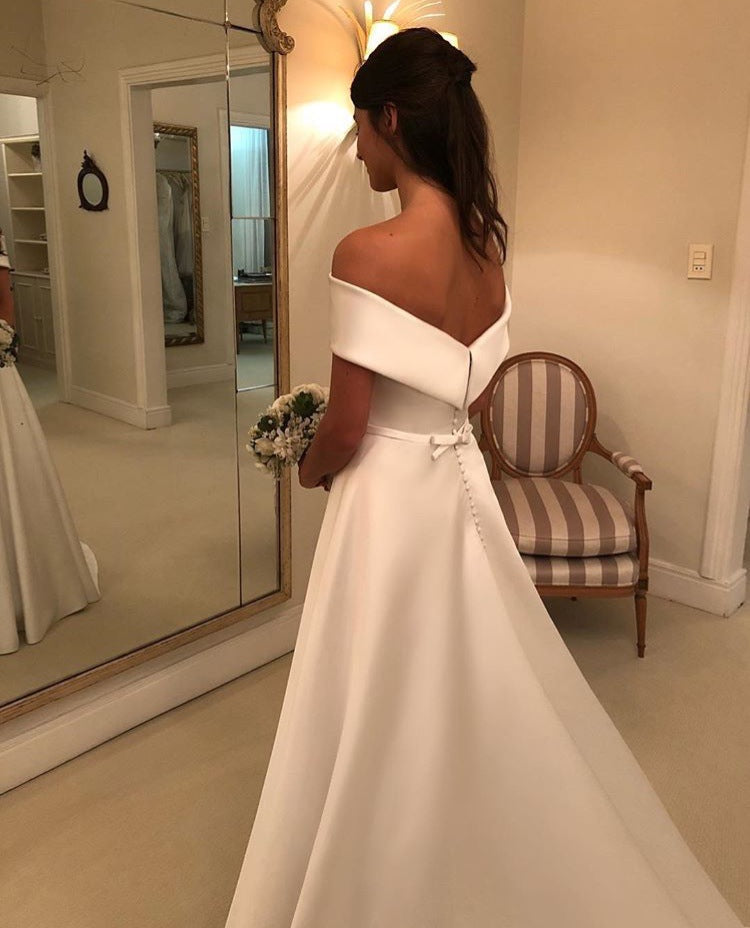 Simple A Line Wedding Dresses Satin Off The Shoulder Wedding Bridal Gowns Sweep Train Casual Dresses Zipper With Buttons Back