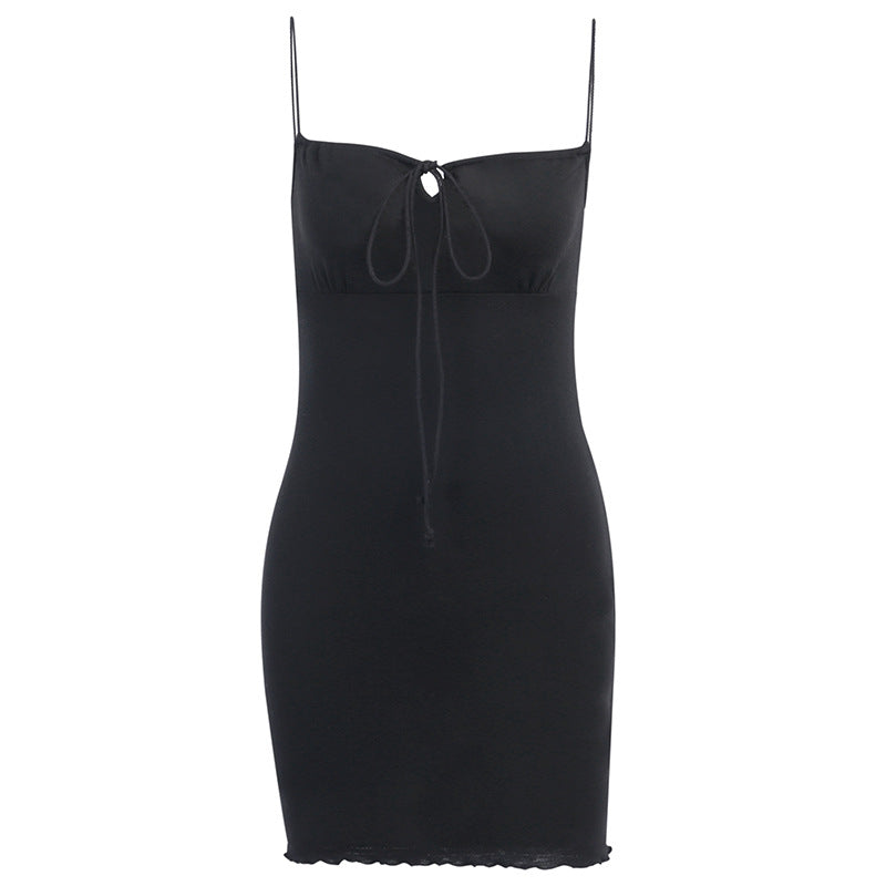 Sleeveless Spaghetti Strap Mini Dress in Black Cotton with Front Bandage Detail, Skinny Elastic, and Sexy Ruffled Hem - A Basic Summer Must-Have!