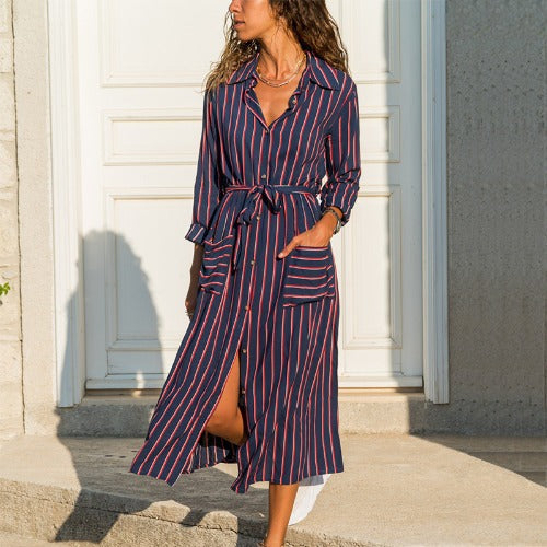 Stripe Shirt Women's Dress Spring Summer Chiffon V-neck Sexy Maxi Dresses Sexy Elegant Casual Girl Lace Women Long Sleeve