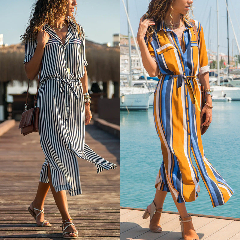 Stripe Shirt Women's Dress Spring Summer Chiffon V-neck Sexy Maxi Dresses Sexy Elegant Casual Girl Lace Women Long Sleeve