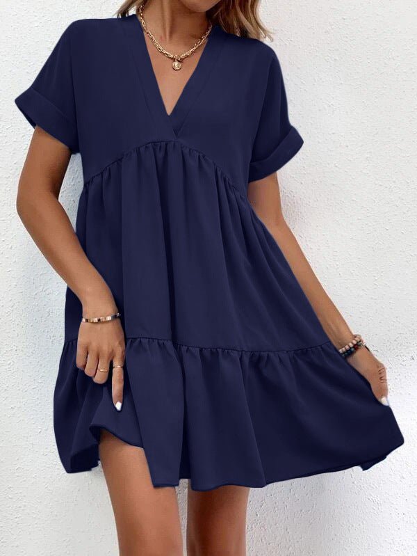 Summer Casual Sweet Ruffled V-neck Dress: Short-sleeved with Solid Color, Ideal for Holiday Beach Wear in Women's Clothing