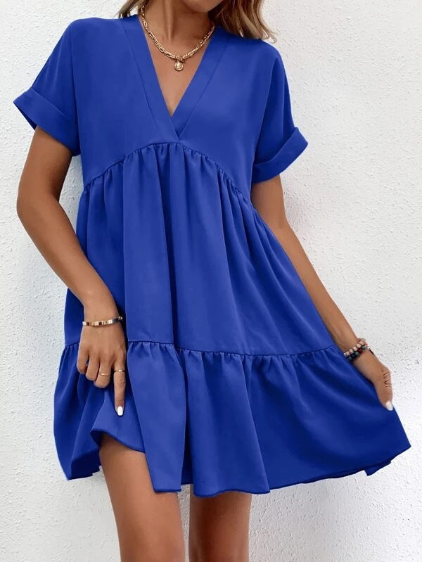 Summer Casual Sweet Ruffled V-neck Dress: Short-sleeved with Solid Color, Ideal for Holiday Beach Wear in Women's Clothing