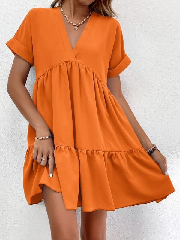 Summer Casual Sweet Ruffled V-neck Dress: Short-sleeved with Solid Color, Ideal for Holiday Beach Wear in Women's Clothing