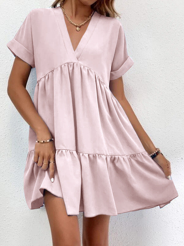Summer Casual Sweet Ruffled V-neck Dress: Short-sleeved with Solid Color, Ideal for Holiday Beach Wear in Women's Clothing